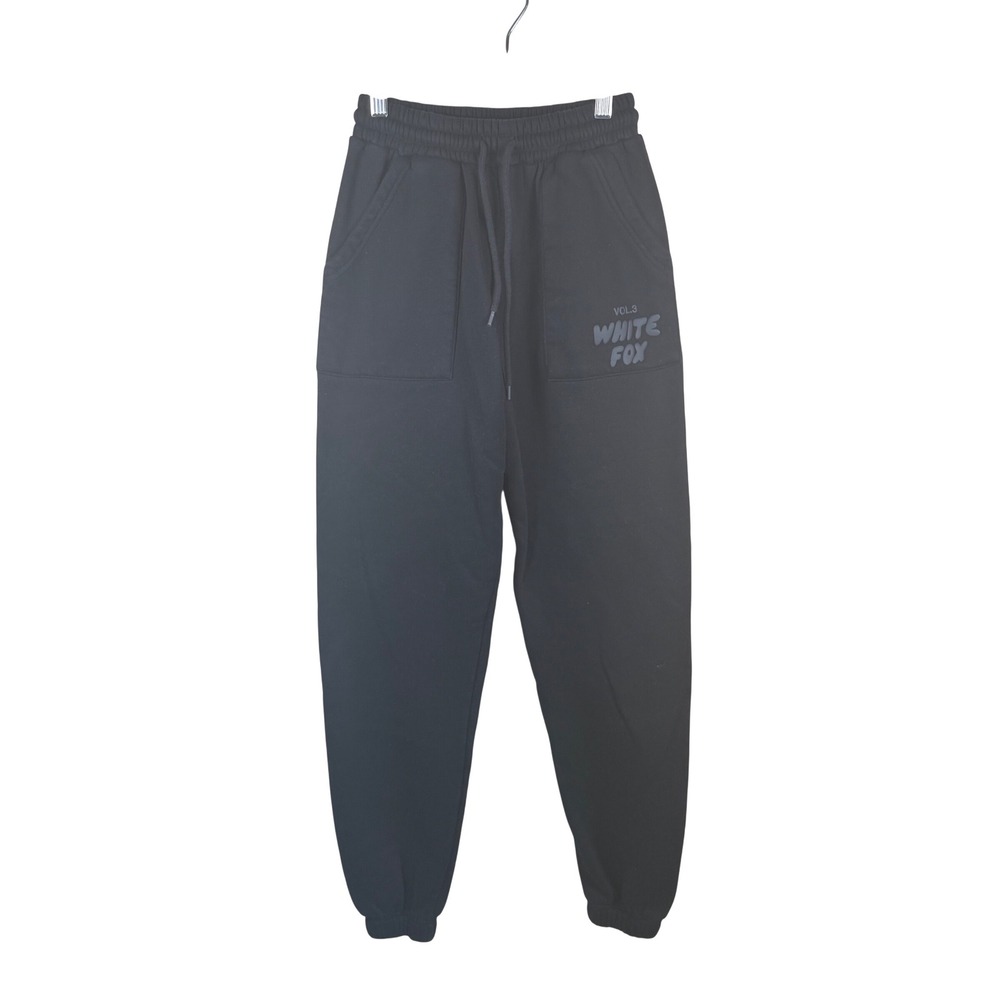 White Fox Jogger Sweatpants Women XS Black Vol.3 Puff Logo Lounge Cozy Sporty